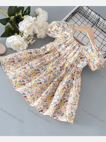Wholesale Girls Lovely Crew Neck Ditsy Floral Ruched Lace Up Cut Out Back Ruffle Hem Short Sleeve Dress, LIUHUA CLOTHING WHOLESALE