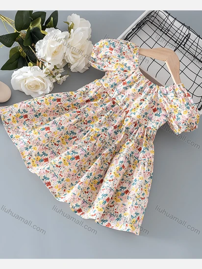 Wholesale Girls Lovely Crew Neck Ditsy Floral Ruched Lace Up Cut Out Back Ruffle Hem Short Sleeve Dress