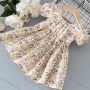 Wholesale Girls Lovely Crew Neck Ditsy Floral Ruched Lace Up Cut Out Back Ruffle Hem Short Sleeve Dress preview