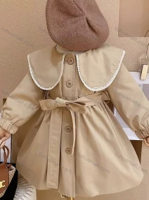 Wholesale Girls Lovely Peter Pan Collar Plain Ruched Long Sleeve Button Down Dress With Belt, LIUHUA CLOTHING WHOLESALE