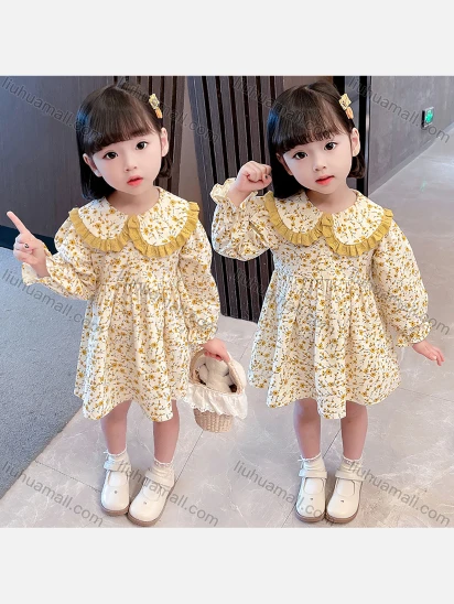 Wholesale Girls Lovely Peter Pan Collar Ditsy Floral Long Sleeve Ruched Pleated Dress