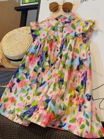 Wholesale Girls Lovely Mock Neck Ditsy Floral Button Front Ruched Ruffle Trim Tank Dress, LIUHUA CLOTHING WHOLESALE