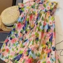 Wholesale Girls Lovely Mock Neck Ditsy Floral Button Front Ruched Ruffle Trim Tank Dress preview