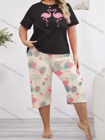 Wholesale Women's Lounge Milk Silk Animal Leaf Print Short Sleeve T-shirt & Capris Pant Pajamas Sets DM2316-02#, LIUHUA CLOTHING WHOLESALE