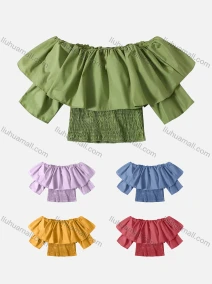 Wholesale Women's Casual Plain Shirred Off Shoulder Short Sleeve Ruffle Trim Sleeve Blouse, LIUHUA CLOTHING WHOLESALE