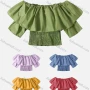 Wholesale Women's Casual Plain Shirred Off Shoulder Short Sleeve Ruffle Trim Sleeve Blouse preview