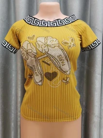 Wholesale Women's Casual Rhinestone Appliques Retro Grain Trim Short Sleeve Rib Knit Tee, LIUHUA CLOTHING WHOLESALE