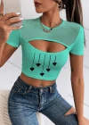 Wholesale Women's Sexy Crew Neck Slim Fit Short Sleeve Cut Out Crop Top - Liuhuamall
