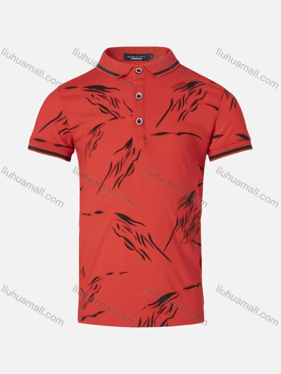 Wholesale Boys Casual Allover Leaf Print Striped Trim Short Sleeve Polo Shirt