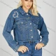 Wholesale Women's Fashion Plain Button Down Collared Flap Pockets Rhinestone Frayed Raw Hem Long Sleeve Crop Denim Jacket Blue Clothing Wholesale Market Liuhua