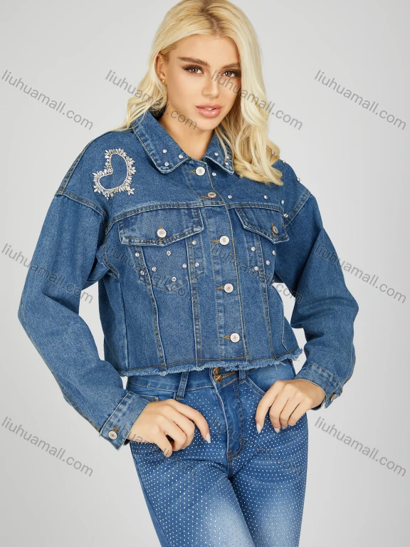 Wholesale Women's Fashion Plain Button Down Collared Flap Pockets Rhinestone Frayed Raw Hem Long Sleeve Crop Denim Jacket