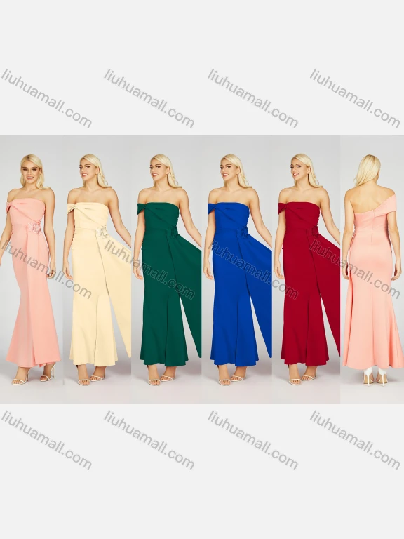 Wholesale Women's Glamorous Plain Ruched Sequin Beaded Decor Split Hem Maxi Evening Dress 7023#