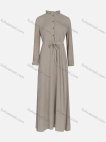 Wholesale Women's Casual Plain Ruffle Neck Button Front Ruffle Trim Long Sleeve Ruffle Hem Maxi Dress With Belt, LIUHUA CLOTHING WHOLESALE