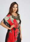 Wholesale Women's Casual Colorblock Vintage Print Batwing Sleeve Belted Maxi Kaftan - Liuhuamall