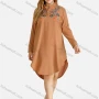 Wholesale Women's Casual Embroidered Button Front Stand Collar Long Sleeve Curved Hem Knee Length Dress preview