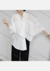 Wholesale Women's Elegant Lapel V Neck Batwing Sleeve Button Down Fake Pocket Plain Shirts 936537# - Liuhuamall