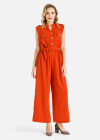 Wholesale Women's Casual Plain Bowknot Notched Neck Sleeveless Button Front Wide Leg Jumpsuit With Belt - Liuhuamall