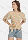 Wholesale Women's Casual V Neck Short Sleeve Letter Peplum Shirred Lace Up Top 28018# - Liuhuamall