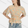 Wholesale Women's Casual V Neck Short Sleeve Letter Peplum Shirred Lace Up Top 28018# preview