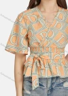 Wholesale Women's Casual V Neck Short Sleeve Letter Peplum Shirred Lace Up Top 28018# - Liuhuamall