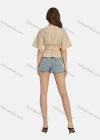 Wholesale Women's Casual V Neck Short Sleeve Letter Peplum Shirred Lace Up Top 28018# - Liuhuamall