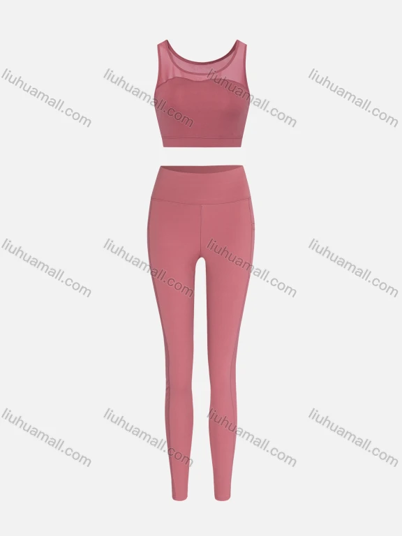Wholesale Women's Sporty Quick Dry Sheer Lace Tank Top & Patch Pocket Leggings Set 9990#