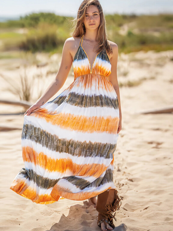 Women's Vacation Striped Sleeveless Ruffle Hem Halter Maxi Dress, Clothing Wholesale Market -LIUHUA, 