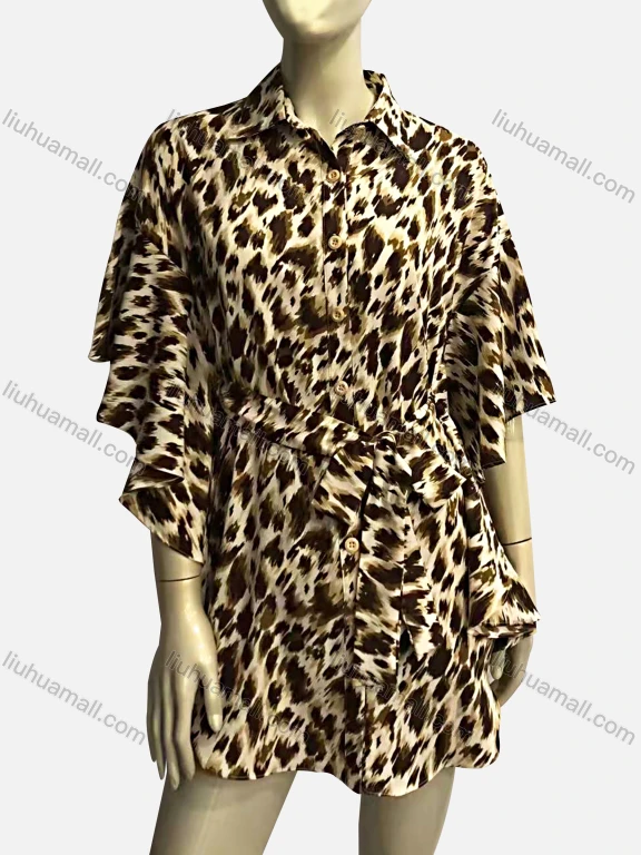 Wholesale Women's Vintage Collared Short Sleeve Leopard Print Button Down Shirt Dress With Belt