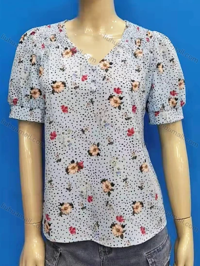 Wholesale Women's Casual Plain V Neck Puff Sleeve Button Decro Floral Print Blouse