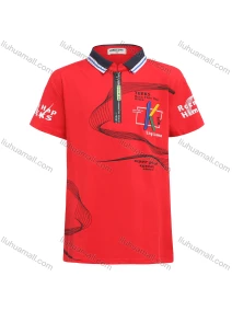 Wholesale Boy's Casual Letter Print Embroidered Quarter Zip Short Sleeve Polo Shirt, LIUHUA CLOTHING WHOLESALE
