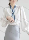 Wholesale Women's Casual Lantern Sleeve Ruched Pearl Decor Tie Neck Ruffle Trim Plain Blouse 418385# - Liuhuamall