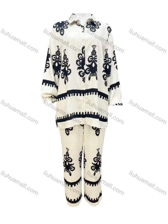 Wholesale Women's Elegant Long Sleeve Collared Abstract Print Button Down Shirt & Pants 2 Piece Set XZ413#