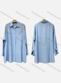 Wholesale Women's Elegant Long Sleeve Collared Plain Rhinestone Beaded Decor Button Down Mid Length Shirt XZ531#, LIUHUA CLOTHING WHOLESALE