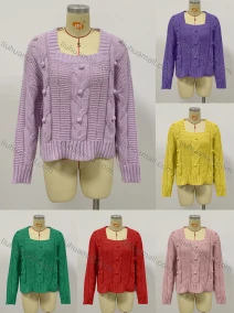 Wholesale Women's Casual Square Neck Long Sleeve Cable Knit Plain Pullover Sweater, LIUHUA CLOTHING WHOLESALE