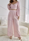 Wholesale Women's Plain Wrap V Neck Shirred Long Sleeve Crop Tops & High Waist Wide Leg Ankle Length Pants 2 Piece Set ZX-63# - Liuhuamall