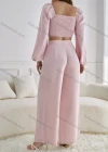 Wholesale Women's Plain Wrap V Neck Shirred Long Sleeve Crop Tops & High Waist Wide Leg Ankle Length Pants 2 Piece Set ZX-63# - Liuhuamall