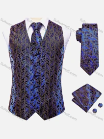 Wholesale Men's Formal Floral Print Silky Waistcoat With Necktie & Kerchief & Cufflinks 4-piece Set, LIUHUA CLOTHING WHOLESALE