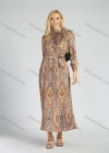 Wholesale Women's Elegant Stand Collar Long Sleeve Allover Tribal Print Pleated Maxi Dress With Belt - Liuhuamall