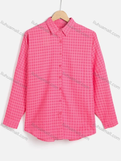 Wholesale Women's Elegant Plaid Long Sleeve Button Down Curved Hem Shirts 1970#