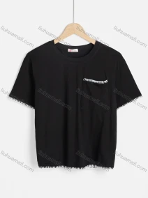 Wholesale Women's Casual Plain Short Sleeve Crew Neck Stitch Trim Patch Pocket Tee 2087#, LIUHUA CLOTHING WHOLESALE