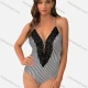 Wholesale Women's Sexy Deep V Neck Lace Trim Cross Back One Piece Swimsuit Stripe Clothing Wholesale Market Liuhua