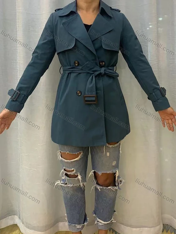 Wholesale Women's Lapel Straps Long Sleeve Buckled Cuff Buttons Belted Plain Trench Coat
