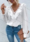 Wholesale Women's Casual Plain Swiss Dot V Neck Lace Trim Ruffle Trim Long Sleeve Blouse - Liuhuamall