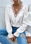 Wholesale Women's Casual Plain Swiss Dot V Neck Lace Trim Ruffle Trim Long Sleeve Blouse - Liuhuamall
