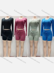 Wholesale Women's Casual Long Sleeve Round Neck Topstitch Sewing Crop Tops & Drawstring Shorts 2 Piece Set, LIUHUA CLOTHING WHOLESALE