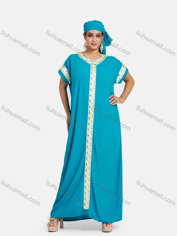 Wholesale Women's African Short Sleeve Plus Size Gold Thread Embroidery Maxi Kaftan Dress With Turban XH-409#, Guangzhou Clothing Wholesale Market & Suppliers - LIUHUAMALL, Specialty