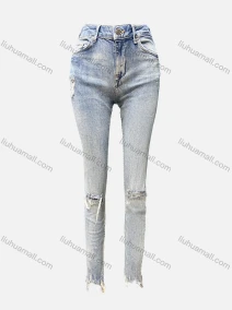 Wholesale Women's Casual Plain Distressed Pockets Ripped Frayed Raw Hem Skinny Jeans 4206#, LIUHUA CLOTHING WHOLESALE