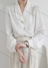 Wholesale Women's Elegant Long Sleeve Shawl Collar Button Down Plain Ruched Shirts 674986# - Liuhuamall