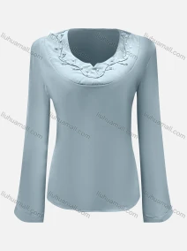 Wholesale Women's Casual Plain Notched Neck Pearl Decor Long Sleeve Blouse, LIUHUA CLOTHING WHOLESALE