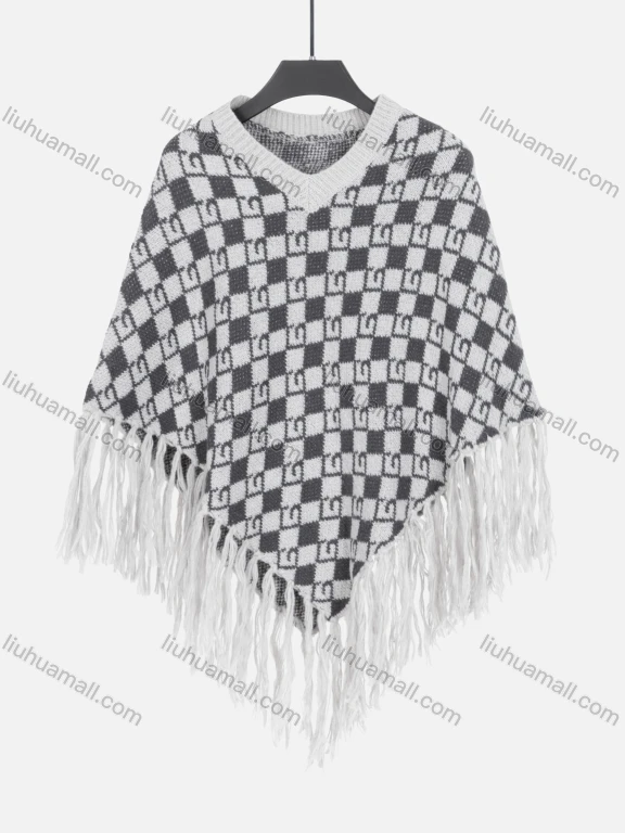 Wholesale Women's V Neck Plain Knitted Tassel Fringe Trim Checkerboard Print Poncho 80073#